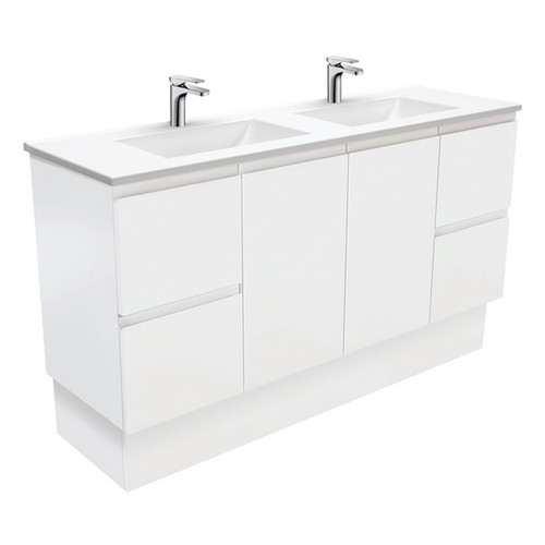 Vanessa Poly-Marble Moulded Vanitry Basin-Top Double Bowl + Fingerpull Satin White Cabinet on Kick Board 1500mm 1 Tap Hole [197856]