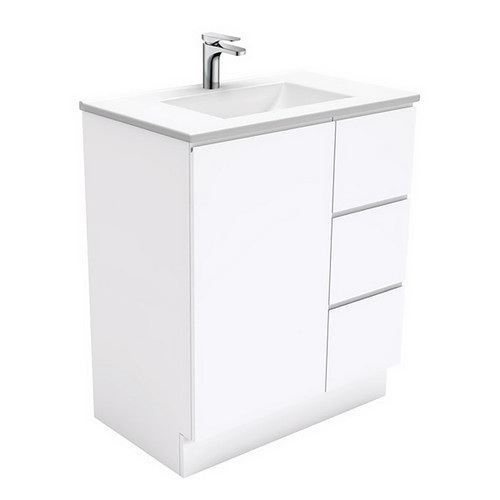 Vanessa 750mm Poly-Marble Moulded Basin-Top Single Bowl + Fingerpull Gloss White Cabinet On Kick 1 Door 3 Drawer Right Hand 1 Tap Hole [197889]