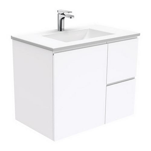 Vanessa 750 Poly-Marble Moulded Basin-Top Single Bowl + Fingerpull Gloss White Cabinet Wall-Hung 1 Door 2 Drawer LH 1 Tap Hole [197891]