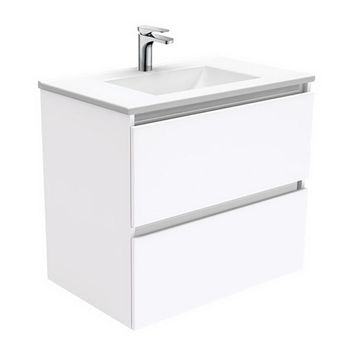 Vanessa 750 Poly-Marble Moulded Basin-Top Single Bowl + Quest Gloss White Cabinet Wall-Hung 2 Drawer 1 Tap Hole [197905]