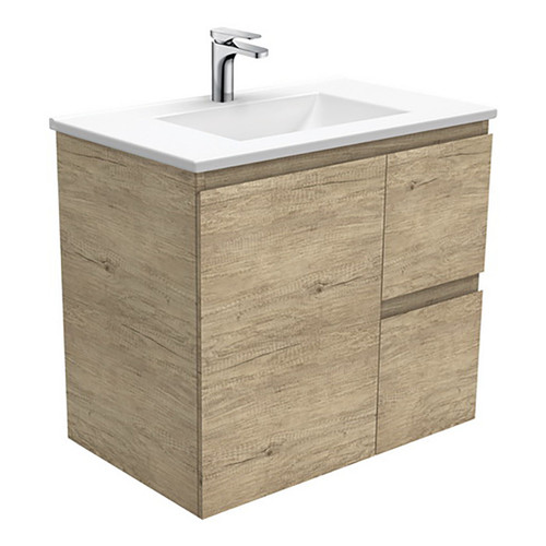 Vanessa 750 Poly-Marble Moulded Basin-Top, Single Bowl + Edge Scandi Oak Cabinet Wall-Hung 1 Door 2 Drawer RH 1 Tap Hole [197915]