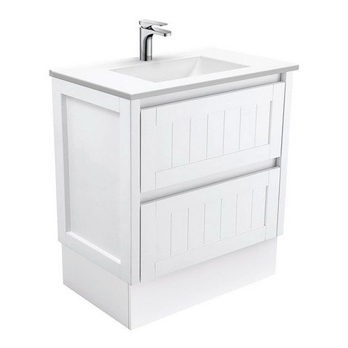 Vanessa 750mm Poly-Marble Moulded Basin-Top Single Bowl + Hampton Satin White Cabinet On Kick Board 1 Tap Hole [197919]