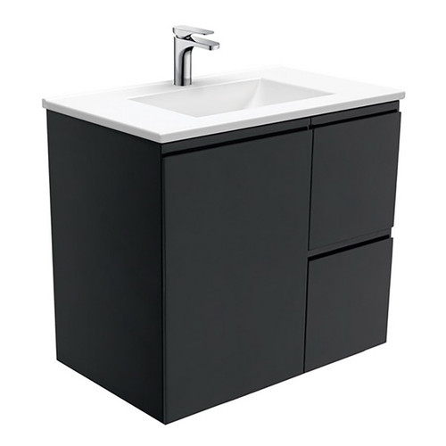 Vanessa 750 Poly-Marble Moulded Basin-Top Single Bowl + Fingerpull Satin Black Cabinet Wall-Hung 1 Door 2 Drawer LH 1 Tap Hole [197933]