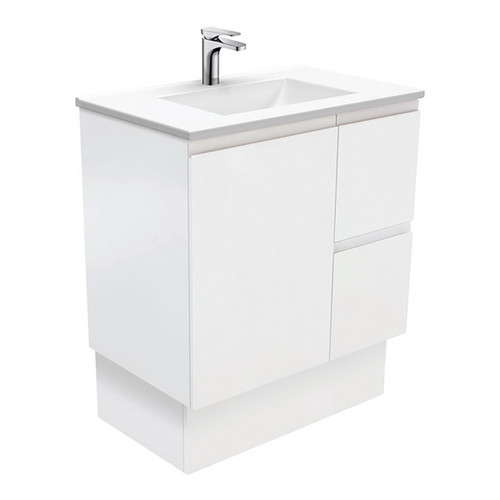 Vanessa 750 Poly-Marble Moulded Basin-Top Single Bowl + Fingerpull Satin White Cabinet On Kick 1 Door 2 Drawer RH 1 Tap Hole [197939]