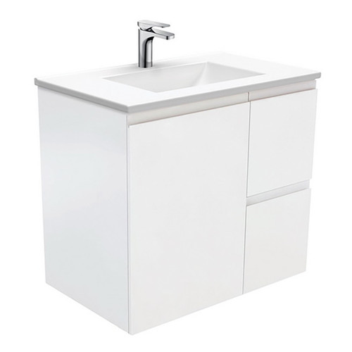 Vanessa 750 Poly-Marble Moulded Basin-Top Single Bowl + Fingerpull Satin White Cabinet Wall-Hung 1 Door 2 Drawer RH 1 Tap Hole [197943]