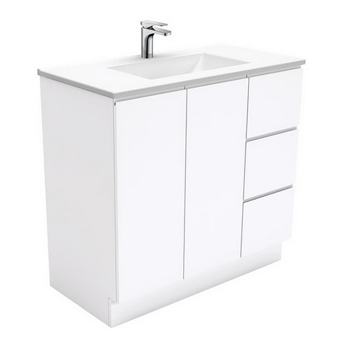 Vanessa 900mm Poly-Marble Moulded Basin-Top Single Bowl + Fingerpull Gloss White Cabinet On Kick 2 Door 3 Drawer Right Hand 1 Tap Hole [197951]