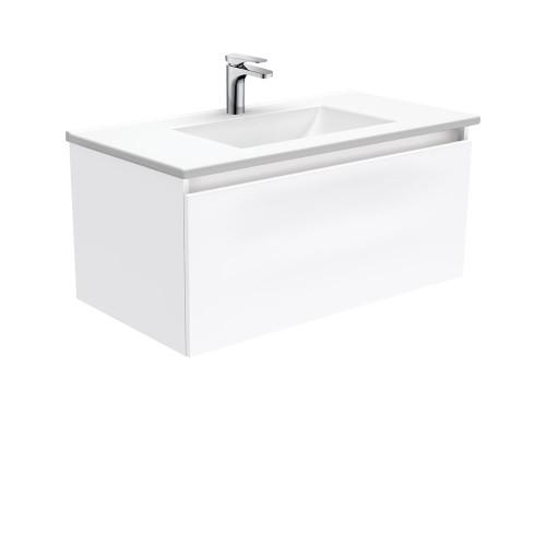 Vanessa 900 Poly-Marble Moulded Basin-Top Single Bowl + Manu Gloss White Cabinet Wall-Hung 4 Internal Drawer 1 Tap Hole [197957]