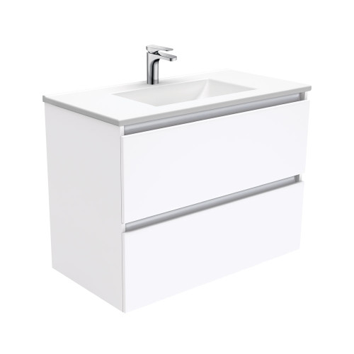 Vanessa 900mm Poly-Marble Moulded Basin-Top Single Bowl + Quest Gloss White Cabinet Wall-Hung 2 Drawer 1 Tap Hole [197967]