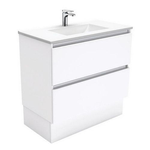 Vanessa 900mm Poly-Marble Moulded Basin-Top Single Bowl + Quest Gloss White Cabinet On Kick Board 2 Drawer 1 Tap Hole [197969]