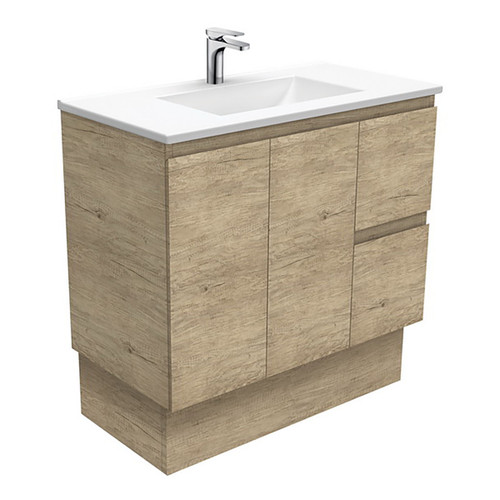 Vanessa 900mm Poly-Marble Moulded Vanitry Basin-Top Single Bowl + Edge Scandi Oak Cabinet On Kick Board 2 Door 2 Drawer Righ Hand 1 Tap Hole [197973]
