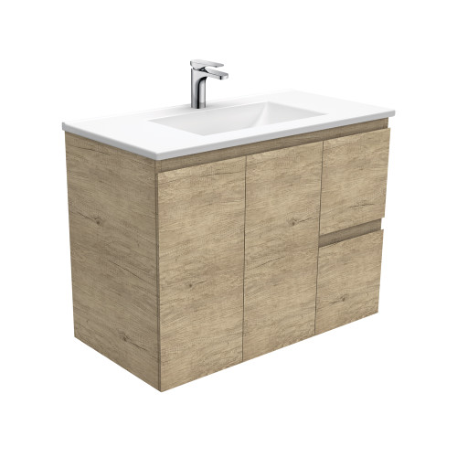 Vanessa 900mm Poly-Marble Moulded Basin-Top Single Bowl + Edge Scandi Oak Cabinet Wall-Hung 2 Door 2 Drawer Right Hand 1 Tap Hole [197977]