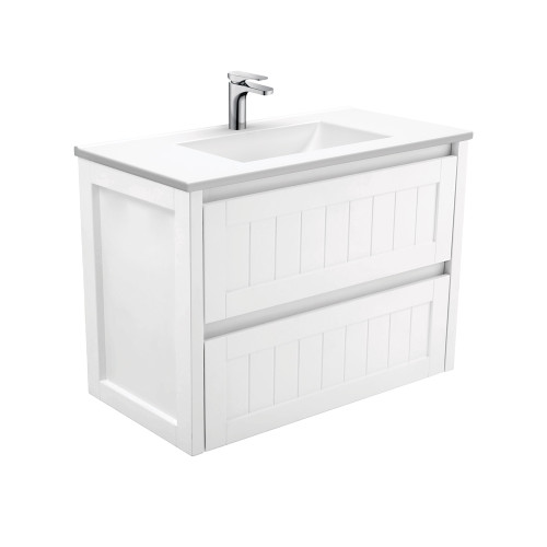 Vanessa 900 Poly-Marble Moulded Basin-Top, Single Bowl + Hampton Satin White Cabinet Wall-Hung 1 Tap Hole [197979]