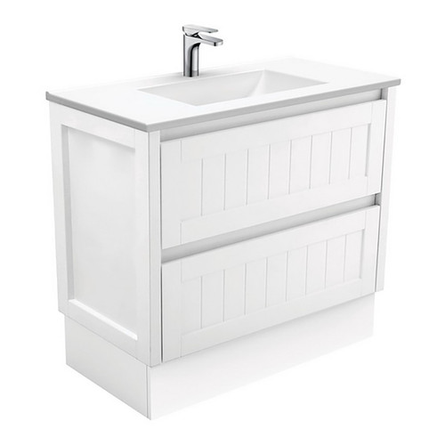Vanessa 900mm Poly-Marble Moulded Basin-Top Single Bowl + Hampton Satin White Cabinet On Kick Board 1 Tap Hole [197981]