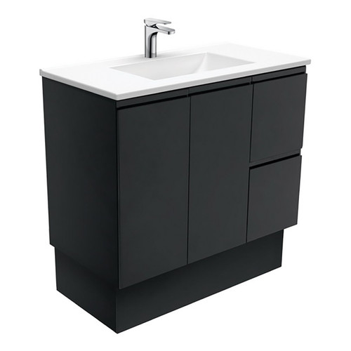 Vanessa 900 Poly-Marble Moulded Basin-Top Single Bowl + Fingerpull Satin Black Cabinet On Kick 2 Door 2 Drawer LH 1 Tap Hole [197991]