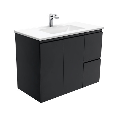 Vanessa 900 Poly-Marble Moulded Basin-Top Single Bowl + Fingerpull Satin Black Cabinet Wall-Hung 2 Door 2 Drawer LH 1 Tap Hole [197995]