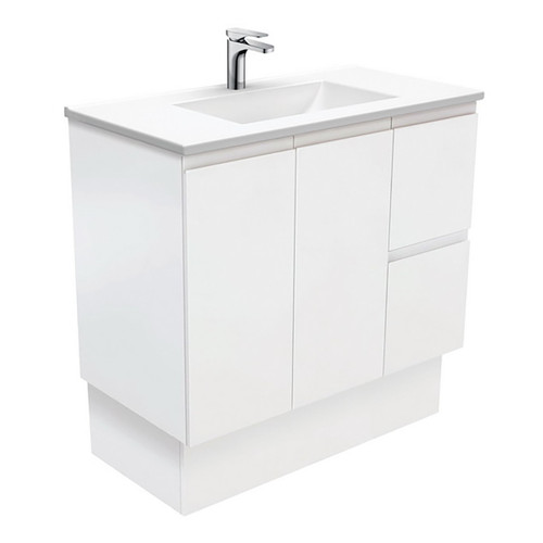 Vanessa 900 Poly-Marble Moulded Basin-Top Single Bowl + Fingerpull Satin White Cabinet On Kick 2 Door 2 Drawer LH 1 Tap Hole [197999]