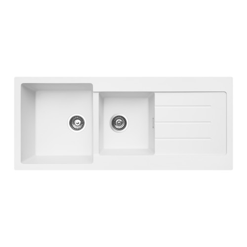 Kuro Granite 42L/22L Double Bowl Kitchen Sink with Drainer (Right Bowl) Matte White 2 Tap Holes [331971]