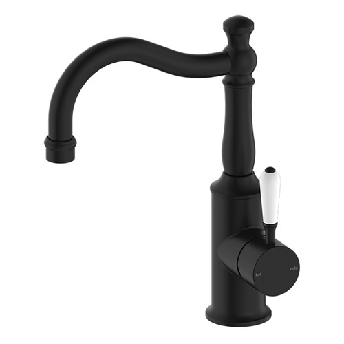 York Basin Mixer (Hook Spout) with White Porcelain Lever 5Star Matte Black Lead Free [332436]