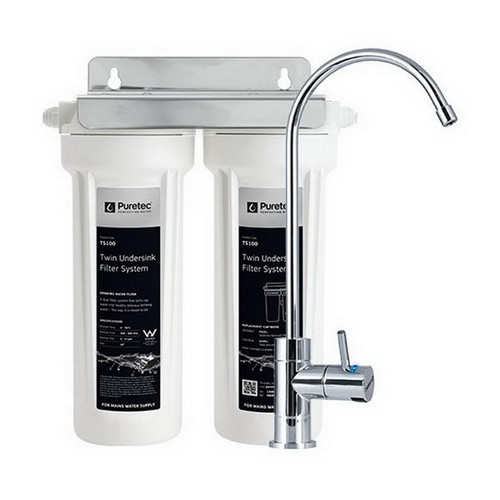 Twin Undersink Water Filter System 0.5Um 4Lpm 520Kpa1/4In Quick Connect Hose 1/2In Bsp Tee Lead Free [319750]