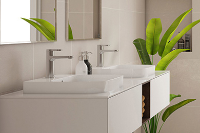 Floating shelf with double wash basin sink, mirror, and lush green plants in an all-white bathroom setting