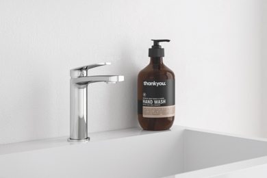 Close-up view of stainless steel sink lever mixers and a soap dispenser in a wash basin setting