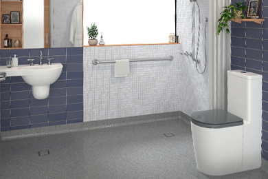 White close-coupled toilet with grey cover, 3-piece tap and sink, rail shower, and towel rail set within a lavender-grey bathroom