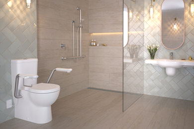 Close-coupled toilet, shower handle, towel rail, and shower screen dividing the washbasin area with a mirror above.