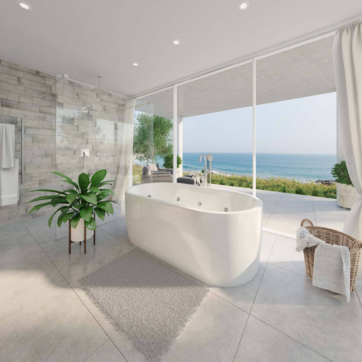 Bathroom with ocean view, with free standing spa bath and chrome floor mounted bath filler and shower