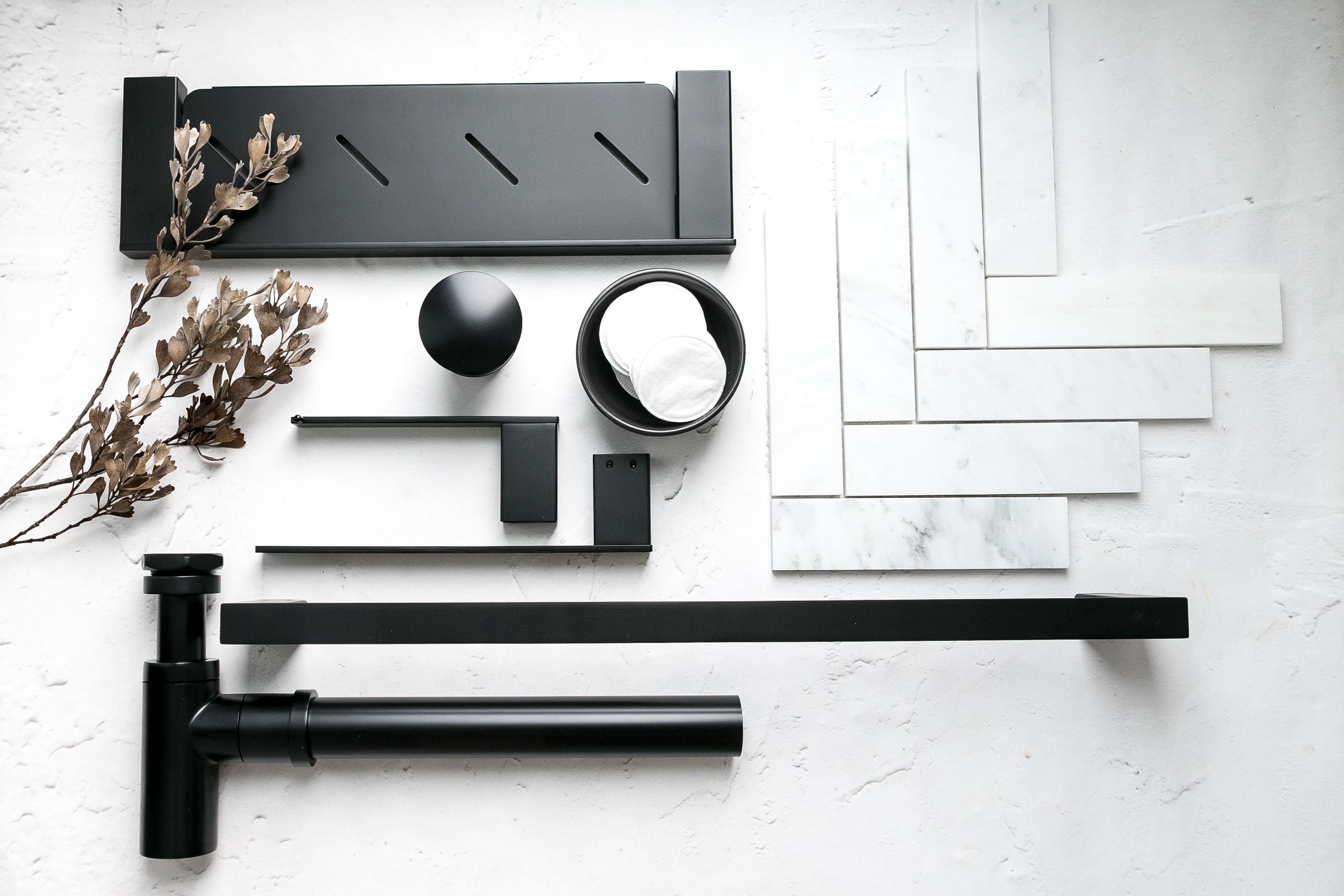 Black Tapware and Accessories Flat Lay with colour matched tiles