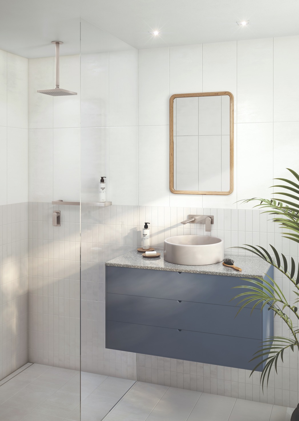 Bathroom with blue vanity, top mounted round basin and brushed nickle tapware and shower