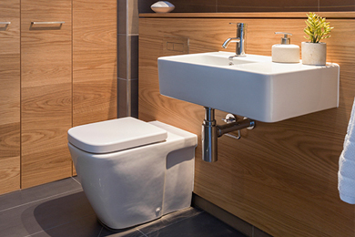 Space-saving back to wall toilet and sink on the right side