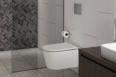 Wall-hung toilet with tissue holder against white tiled wall, accompanied by shower screen