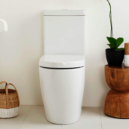 White close-coupled toilet with basket and pot of plants on a brown decorative wood