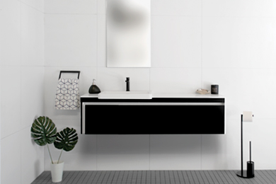 Stylish black vanity cabinet with white countertop against a white wall, with towel rail, green plant, and tissue holder.