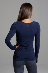 Side Ruched Long Sleeve Yoga Top in Marine Navy back view