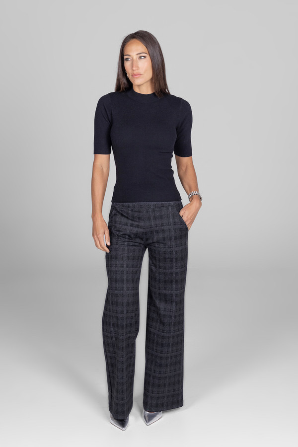 High Waist Wide Leg Pant - Charcoal Plaid