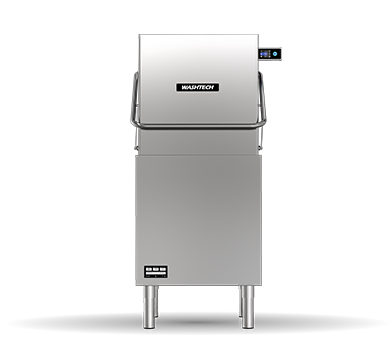 Washtech M2 professional pass through dishwasher front view, hood closed, touchscreen controller