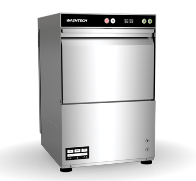 Washtech XV compact undercounter dishwasher and glasswasher front view, 500mm wide