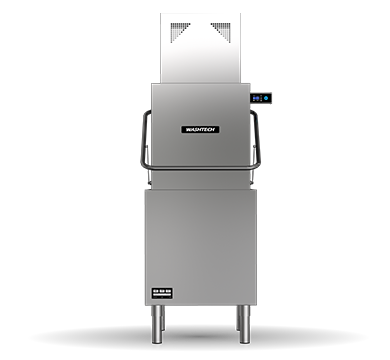 Washtech M2C heat condensing pass through dishwasher front view, 730mm wide