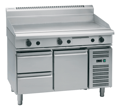 Waldorf GP8120G-RB 1200mm gas griddle on refrigerated base, front view