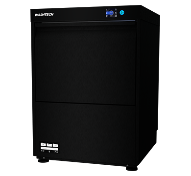 Washtech UL-B black stainless undercounter dishwasher glasswasher front view, 597mm wide