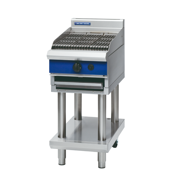 Blue Seal G593-LS 450mm gas chargrill on leg stand, front view