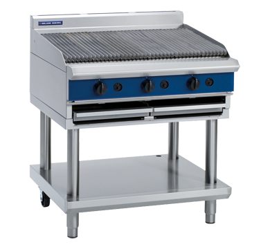 Blue Seal G596-LS 900mm gas chargrill on leg stand, front view
