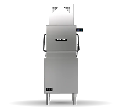 Washtech M2C heat condensing pass through dishwasher front view, 730mm wide