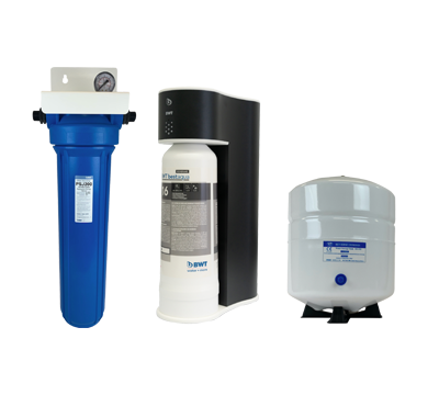 Bestaqua BA14-DW14 kit showing RO unit, pre-filter and 14 litre tank