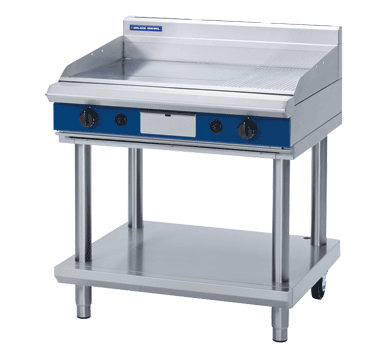 Blue Seal GP516-LS 900mm gas griddle on leg stand, front view
