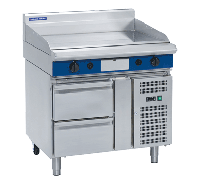 Blue Seal GP516-RB 900mm gas griddle on refrigerated base, front view