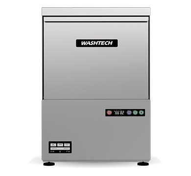Washtech XD commercial undercounter dishwasher front view, 570mm wide, push button controls