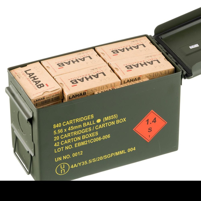 Lahab 5.56x45mm 62 Grain M855 Full Metal Jacket - 840 Rounds with Steel Ammo Can