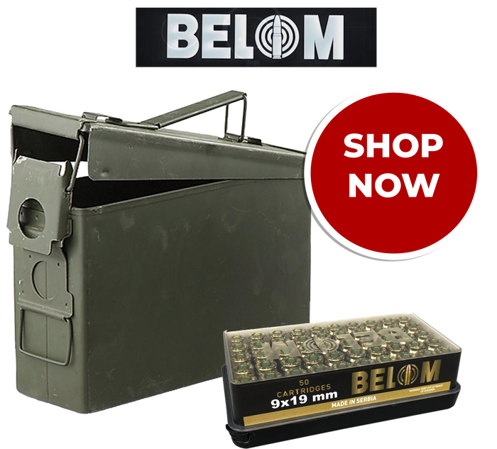 Belom 9mm Luger Ammo 124 Grain FMJ + Ammo Can